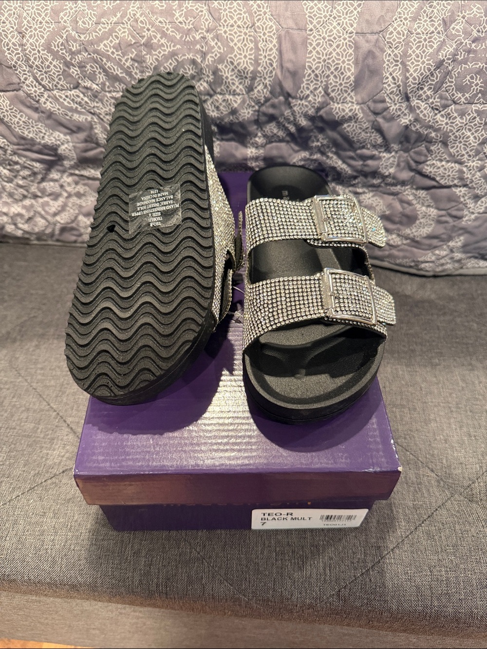 Madden Girl Black Slide Sandals with Silver Rhinestone Buckles